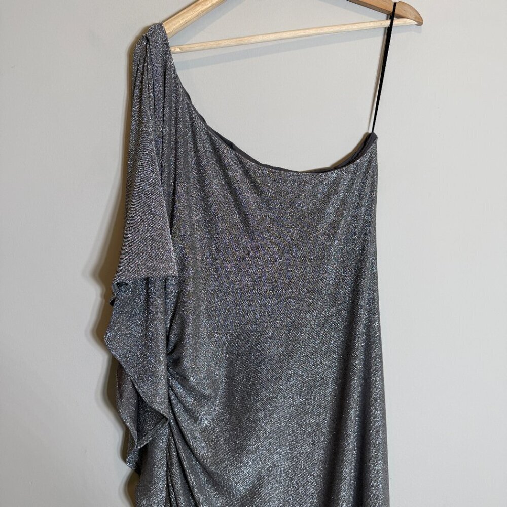 Trina Turk Ratio Ruched One-Shoulder Shimmer Mini Dress Women's XL Silver NWT - Picture 12 of 16